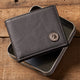 Strong and Courageous Leather Wallet with Gift Tin on Table